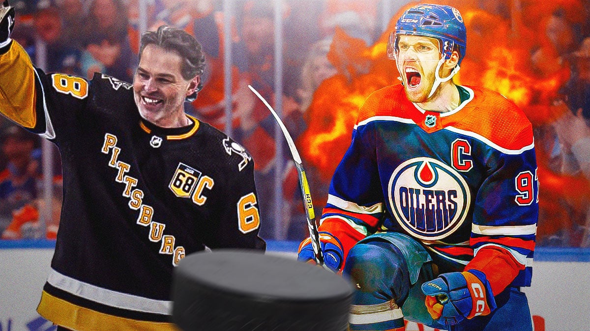 Oilers' Connor McDavid in flames next to Penguins legend Jaromir Jagr