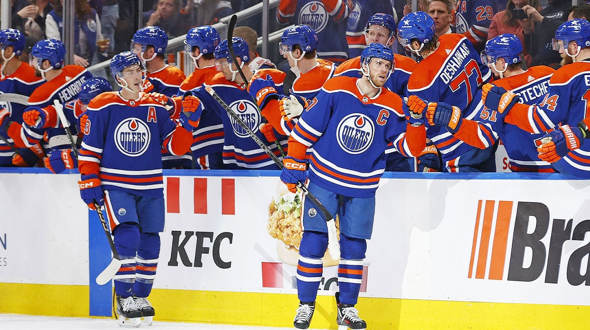 The Edmonton Oilers celebrate a goal scored by forward Connor McDavid (97) during the second period against the Anaheim Ducks at Rogers Place.