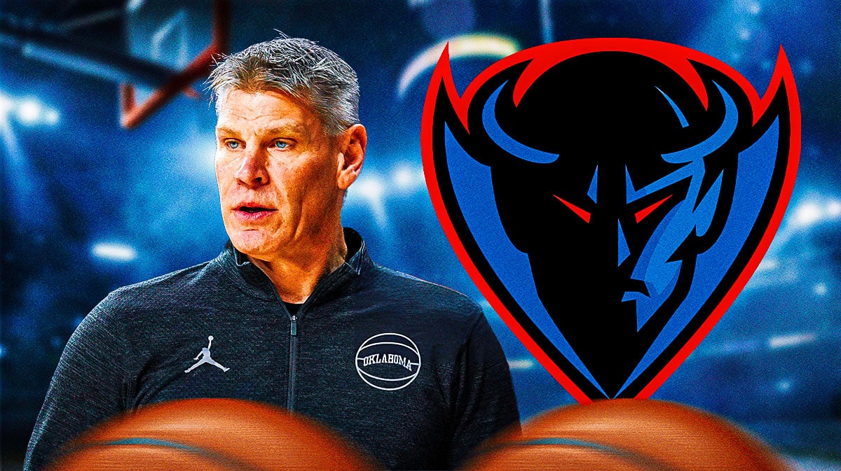Oklahoma basketball coach Porter Moser with a DePaul logo next to him.