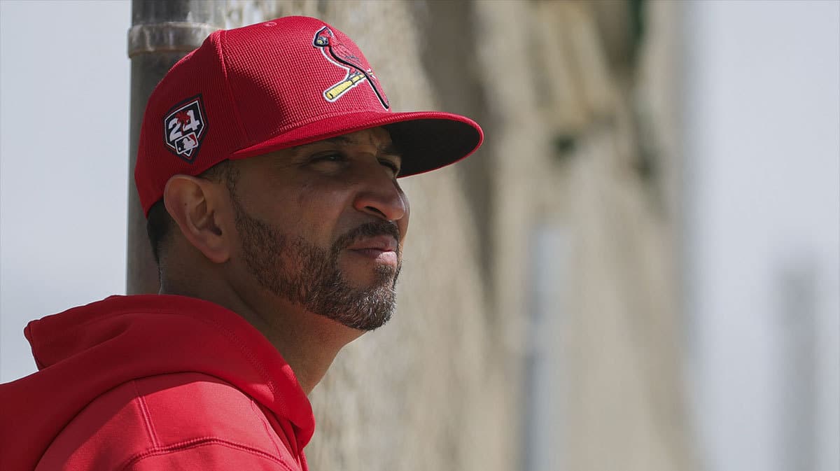 St. Louis Cardinals manager Oliver Marmol (37) looks on during batting practice at spring training.