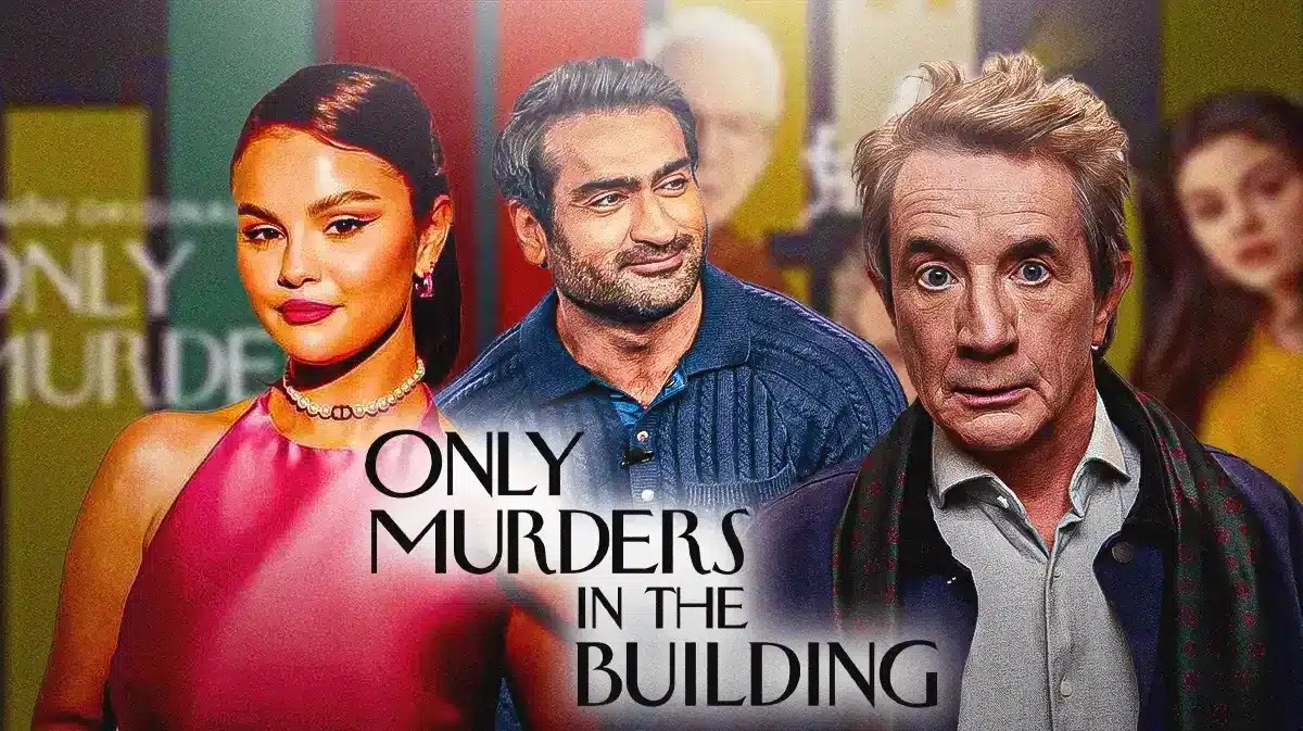 Only Murders in the Building Season 4 logo with Selena Gomez, Kumail Nanjiani, and Martin Short.