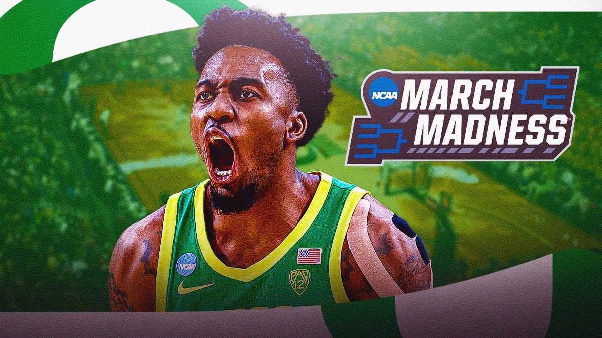 Oregon basketball's Jermaine Cousinard yells at South Carolina crowd next to March Madness logo