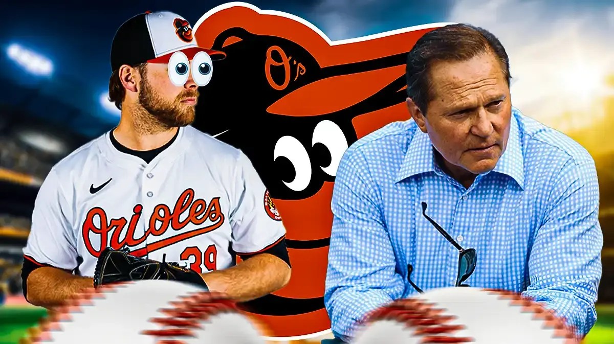 Orioles Corbin Burnes with emoji eyes in his eyes looking at agent Scott Boras