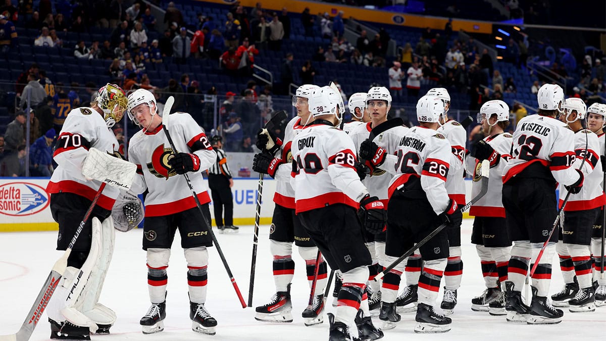 The Ottawa Senators celebrate a win over the Buffalo Sabres at KeyBank Center.