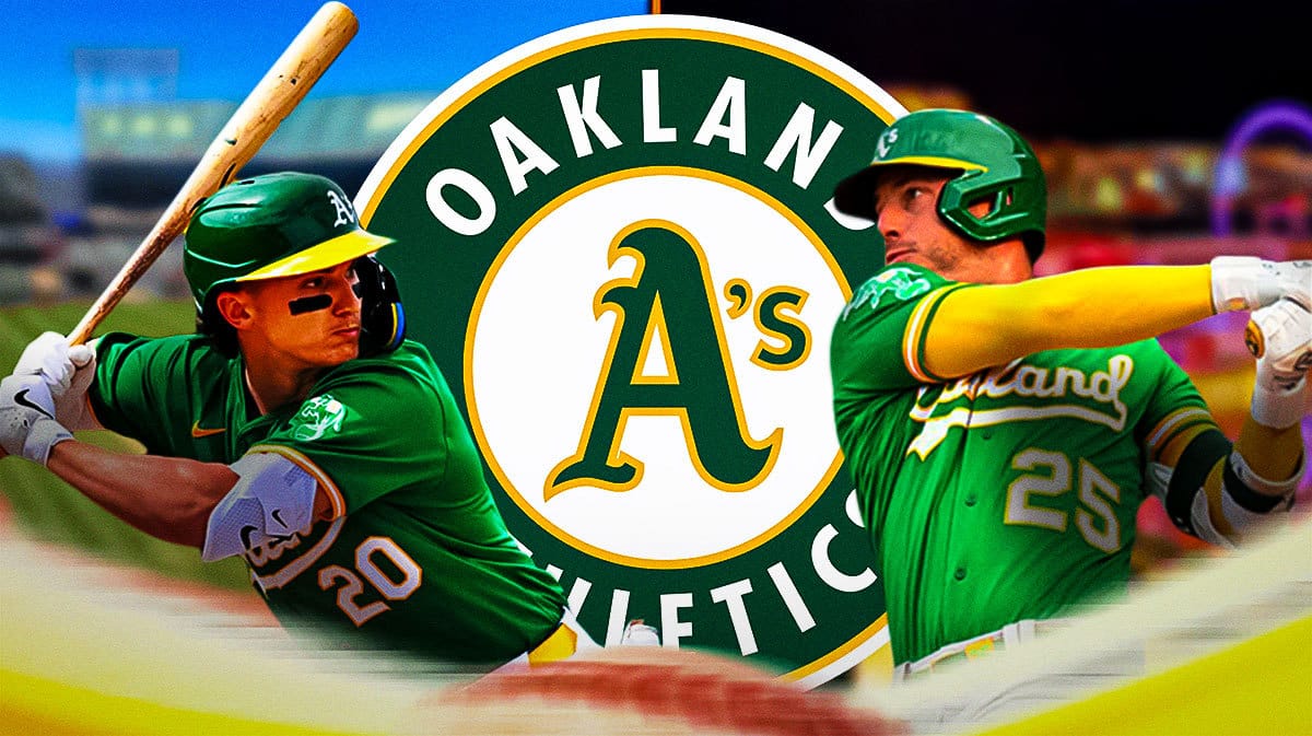 Athletics Zac Gelof and Brent Rooker swinging a bit in front of the Oakland Coliseum and the Vegas skyline