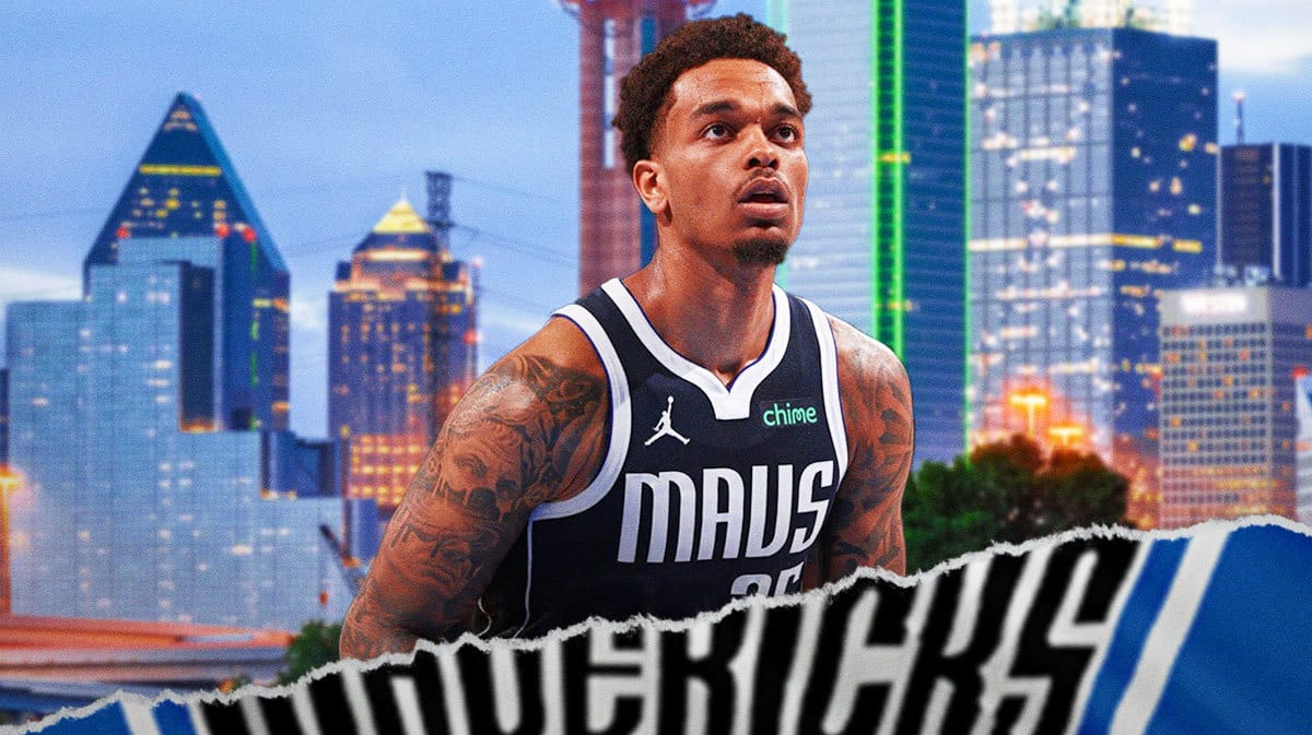 Mavericks' PJ Washington in front with the city of Dallas and American Airlines Center in background.