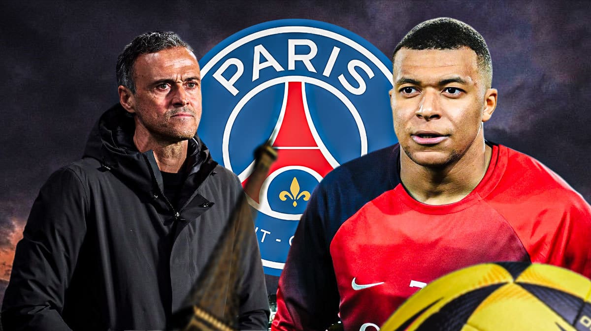 Kylian Mbappe and Luis Enrique in front of the PSG logo
