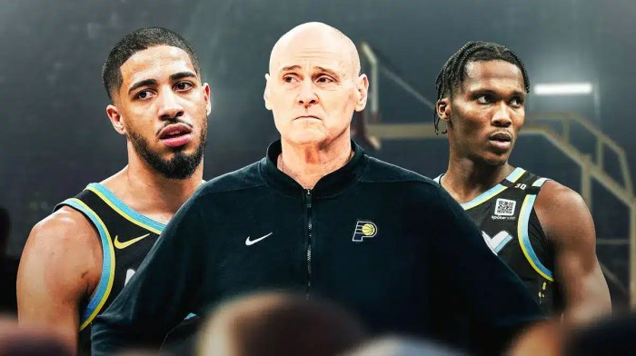 Pacers Rick Carlisle and Bennedict Mathurin with NBA All-Star Tyrese Haliburton
