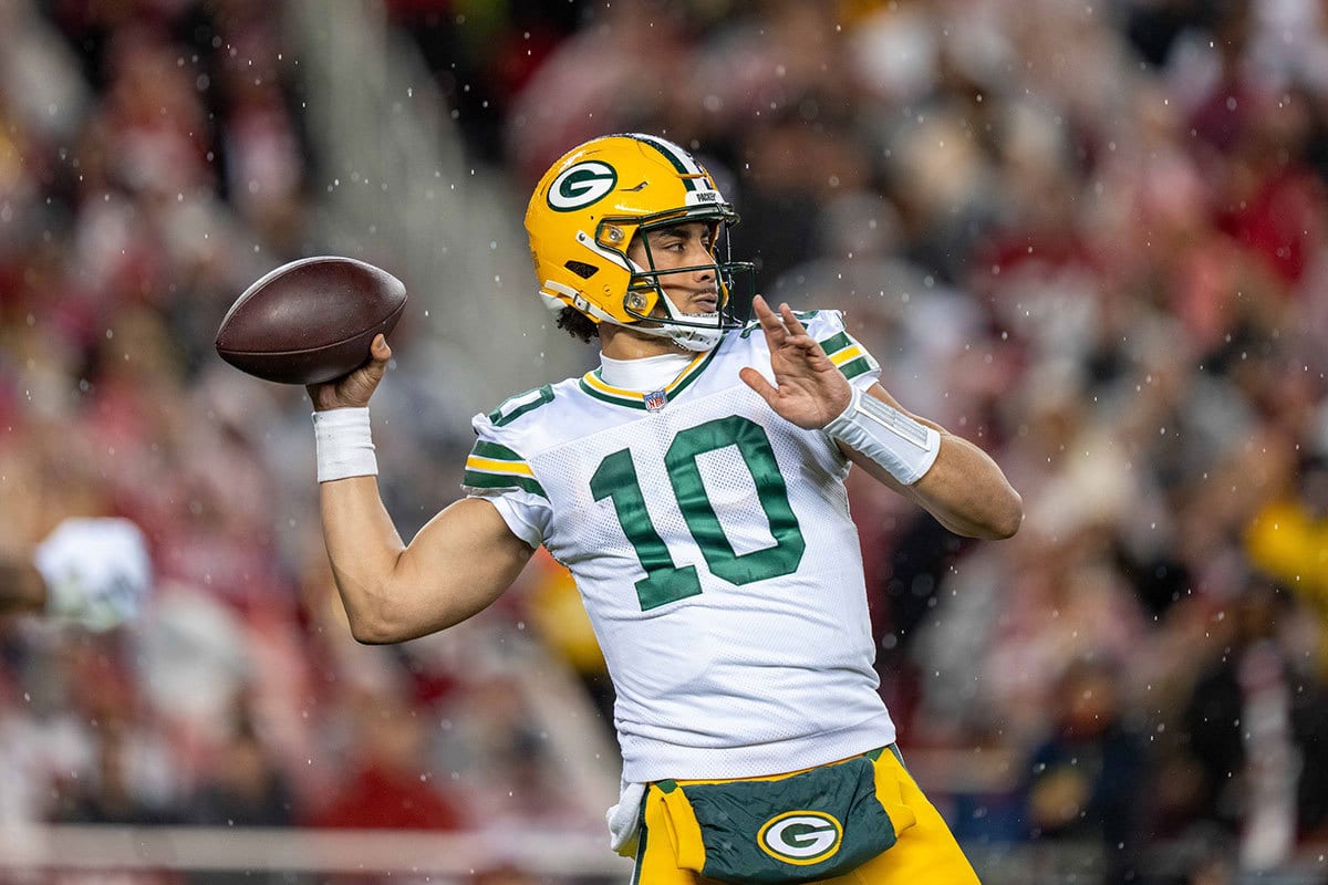 Green Bay Packers quarterback Jordan Love (10) during the second quarter in a 2024 NFC divisional round game against the San Francisco 49ers at Levi's Stadium.