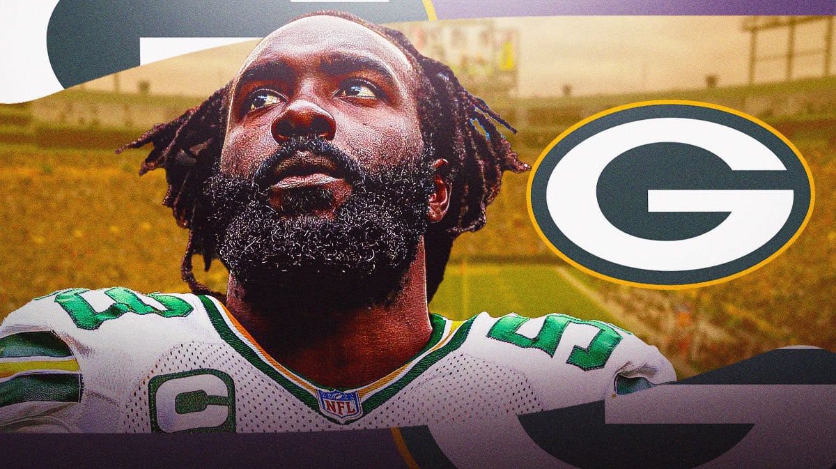 De'Vondre Campbell next to the Packers logo