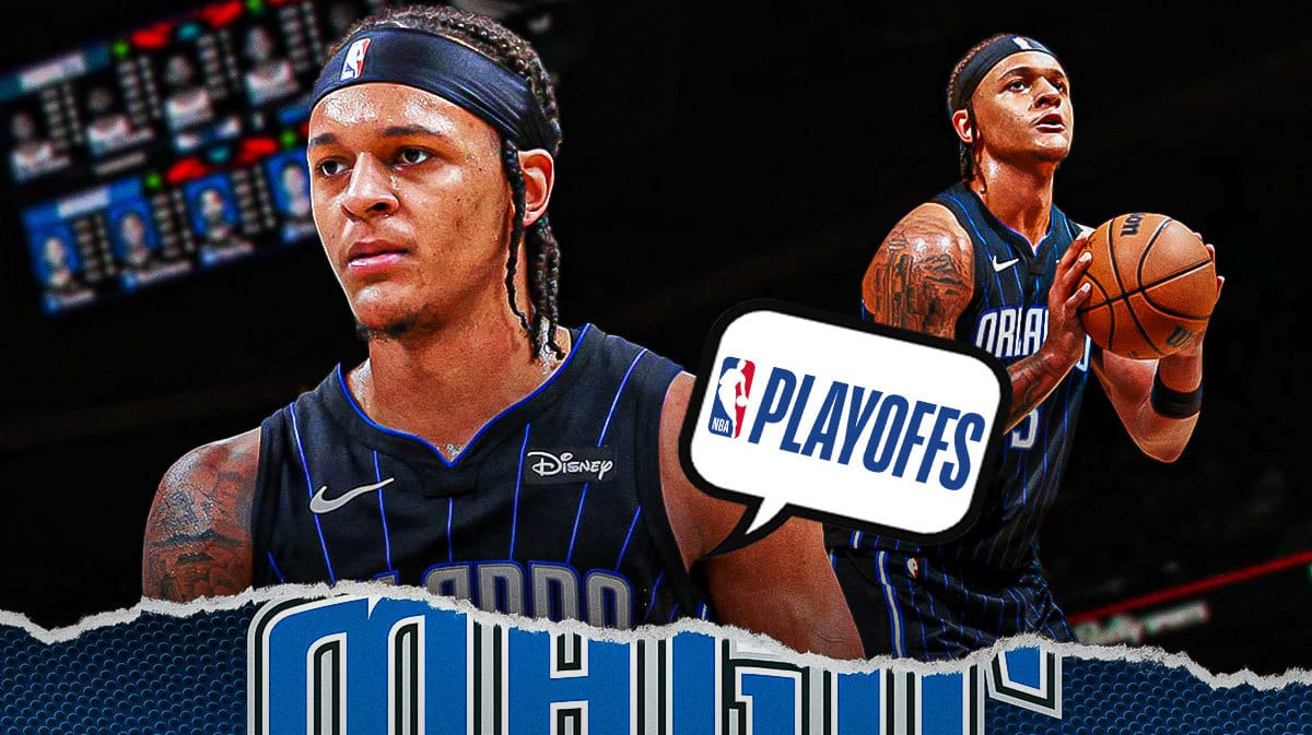 Magic F Paolo Banchero with an NBA playoff logo inside a thought bubble after loss to Knicks.