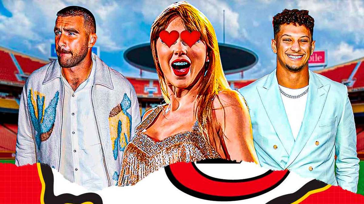 Patrick Mahomes, Travis Kelce in street clothes. Taylor Swift in the middle with heart eyes.