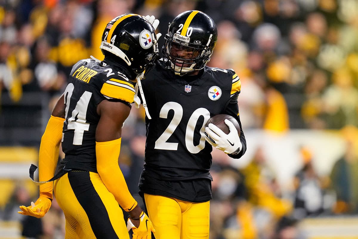 Pittsburgh Steelers cornerback Patrick Peterson (20) celebrates an interception in the first quarter of the NFL 16 game between the Pittsburgh Steelers and the Cincinnati Bengals at Acrisure Stadium in Pittsburgh on Saturday, Dec. 23, 2023. The Steelers led 24-0 at halftime.