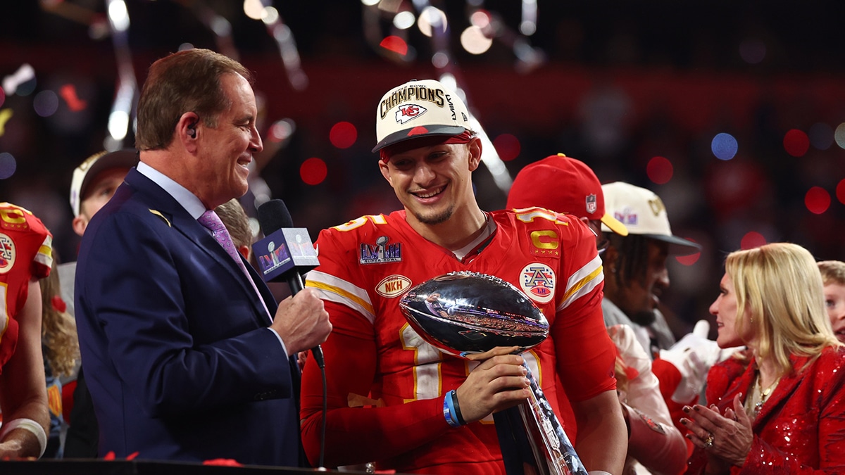 Kansas City Chiefs quarterback Patrick Mahomes (15) celebrates with the Vince Lombardi Trophy after defeating the San Francisco 49ers in Super Bowl LVIII at Allegiant Stadium
