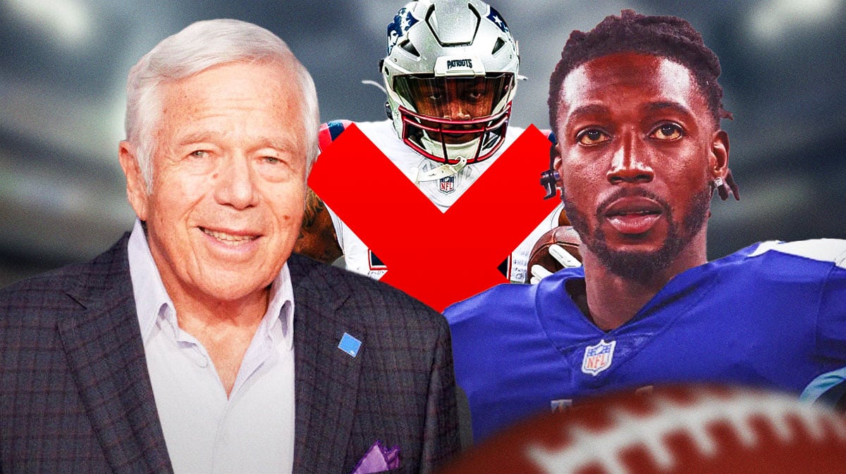 Patriots owner Robert Kraft next to Calvin Ridley in a Titans jersey and Calvin Ridley in a Patriots jersey with a red X over him