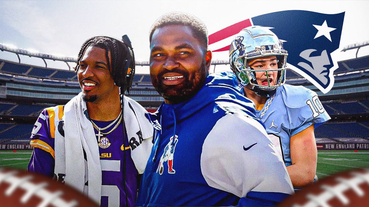 Patriots' Jerod Mayo alongside Jayden Daniels and Drake Maye