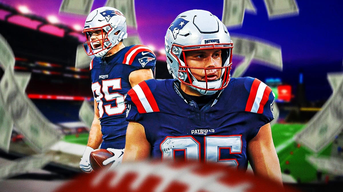 Patriots' Hunter Henry in middle with money falling around him.