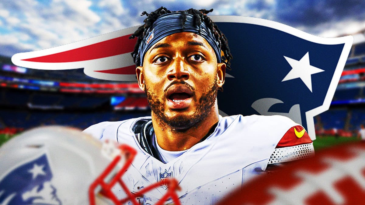 Ex-Commanders RB Antonio Gibson stands in front of Patriots logo, NFL Free Agency reporters and Bill Belichick look in background