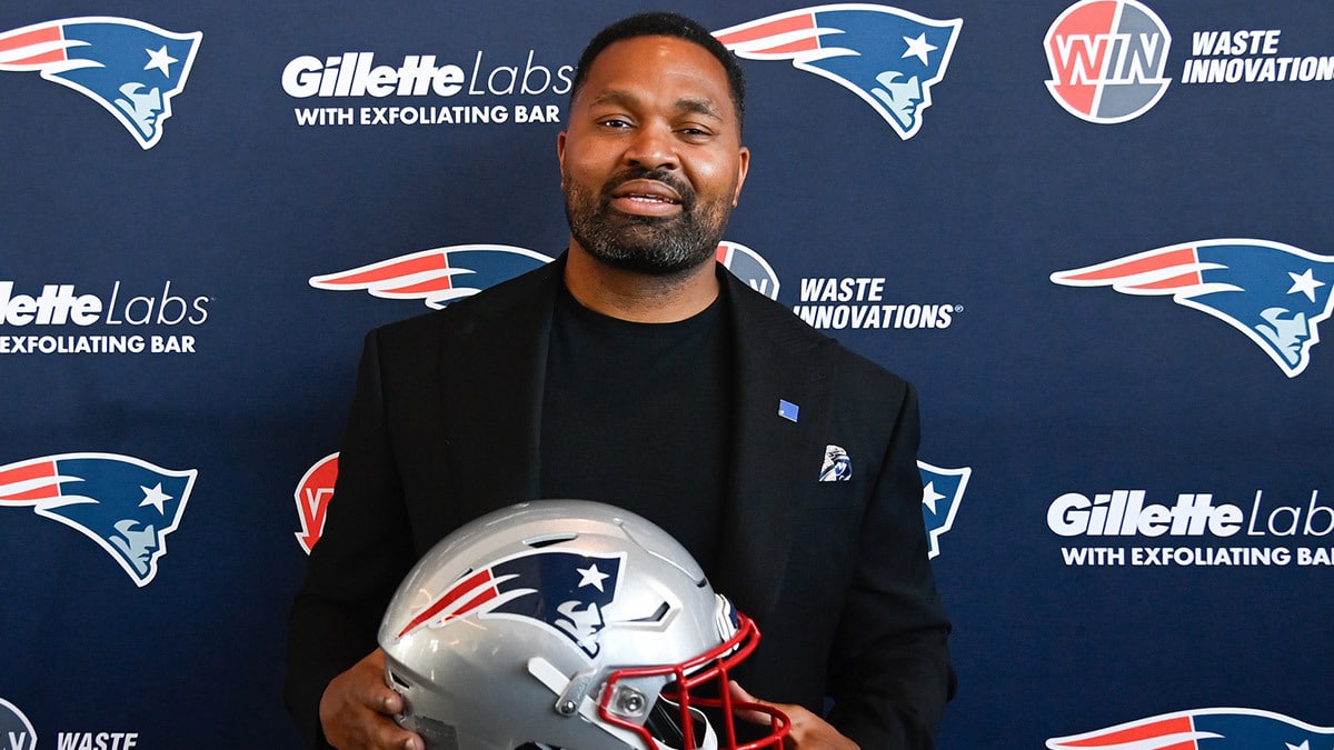 New England Patriots head coach Jerod Mayo poses for a photo at a press conference held at Gillette Stadium to announce his hiring as head coach.