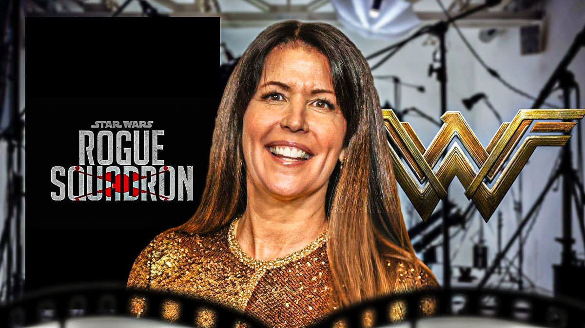 Patty Jenkins with Star Wars Rogue Squadron and Wonder Woman logos.