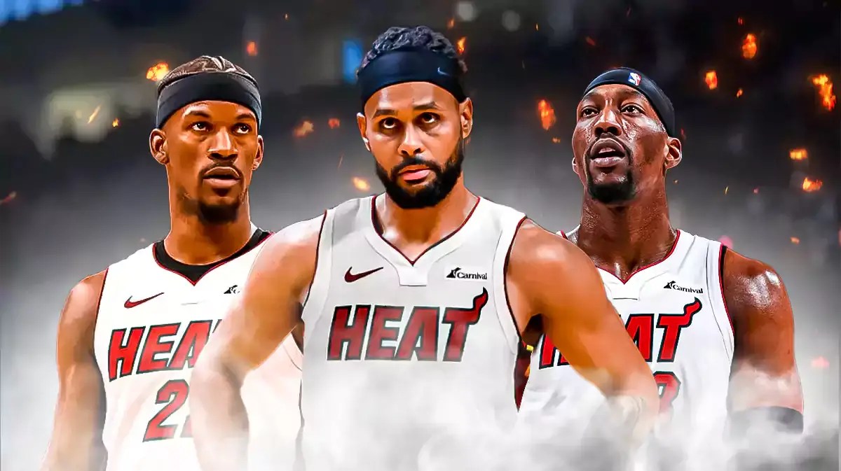 Heat's Patty Mills next to Jimmy Butler and Bam Adebayo