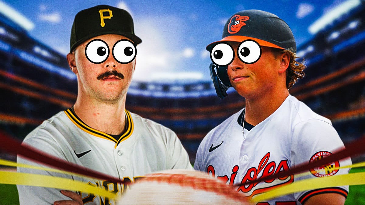 Orioles' Jackson Holliday and Pirates' Paul Skenes with eyes popping out looking at each other.