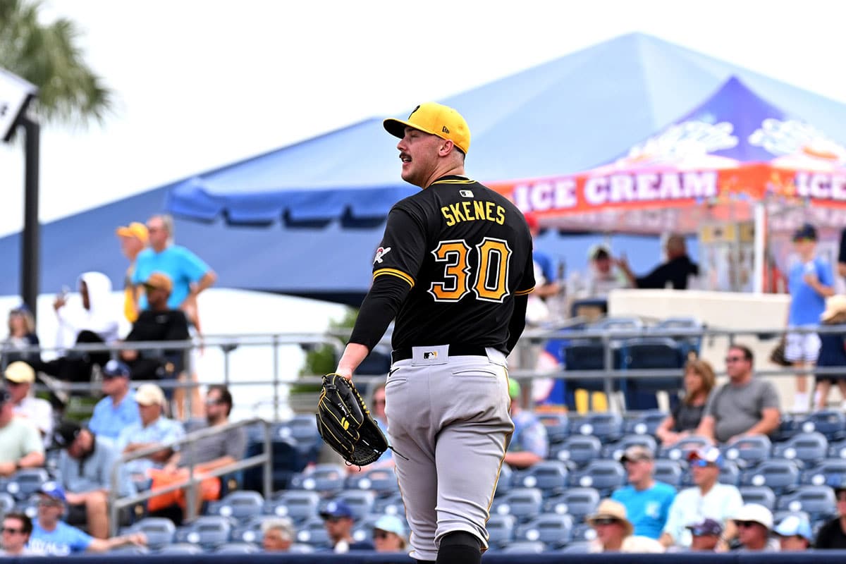 Pittsburgh Pirates pitcher Paul Skenes (30) in the fourth inning of the spring training game against the Tampa Bay Rays at CoolToday Park.