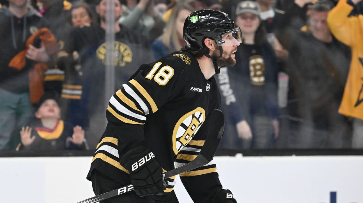 Boston Bruins center Pavel Zacha (18) skates off of the ice after scoring a goal against the Pittsburgh Penguins during the third period at the TD Garden.