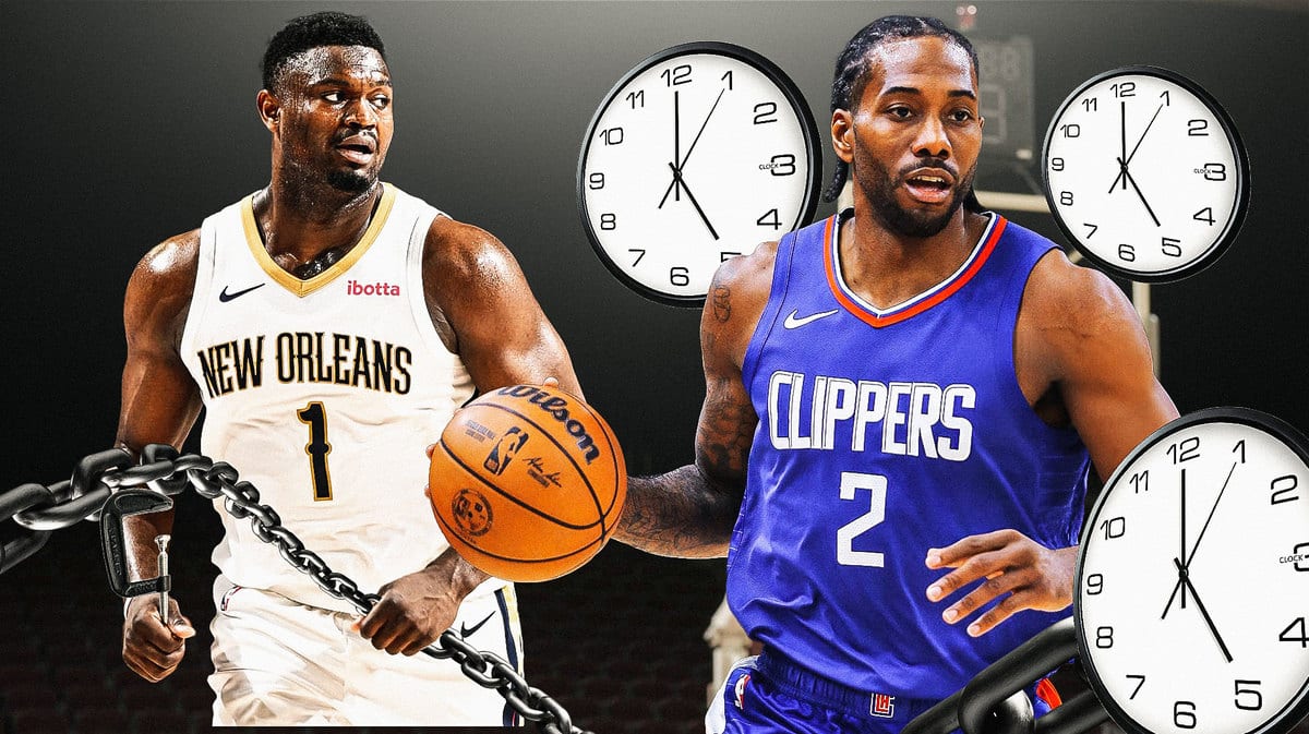 Pelicans' Zion Williamson holding a clamp and some chains while looking at Clippers' Kawhi Leonard, with plenty of clocks in the background
