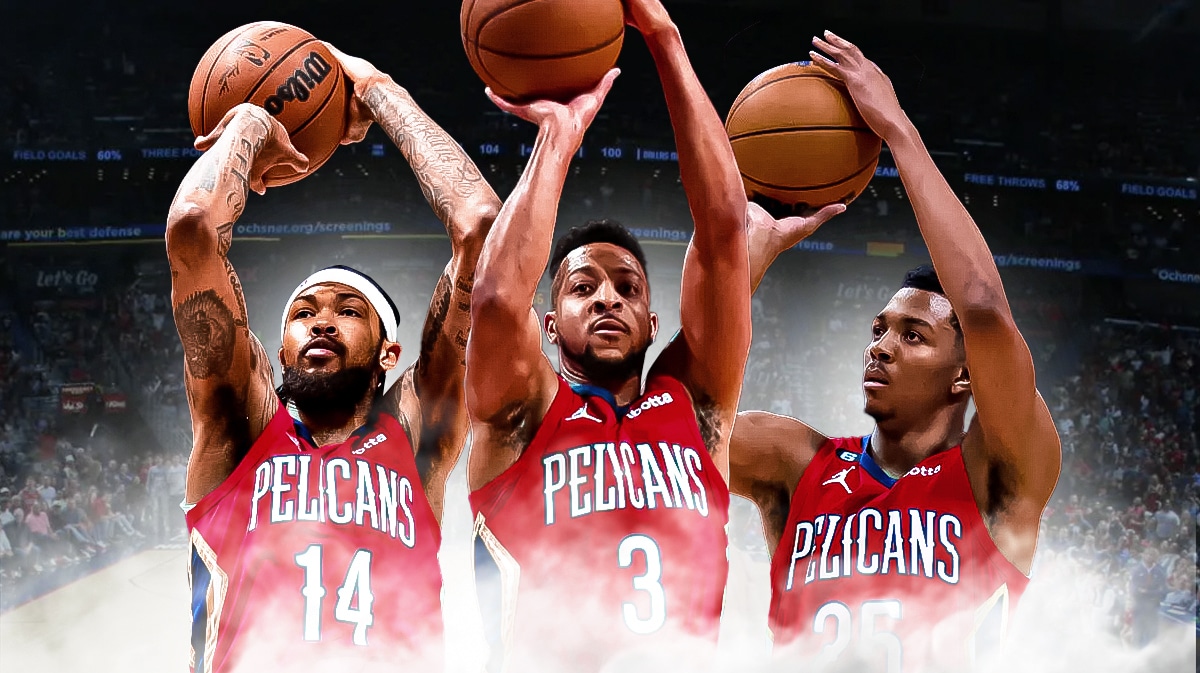 Photo: Brandon Ingram, CJ McCollum, Trey Murphy all shooting in Pelicans jerseys,