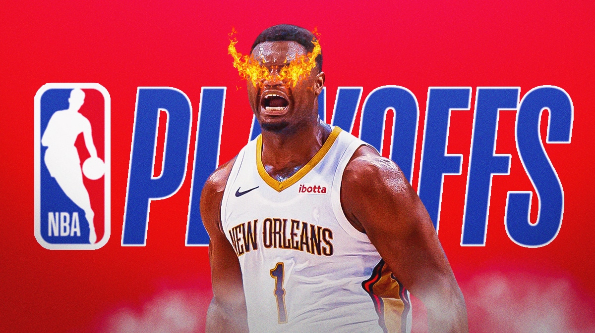 Zion Williamson with fire in his eyes. NBA playoff logo in the background