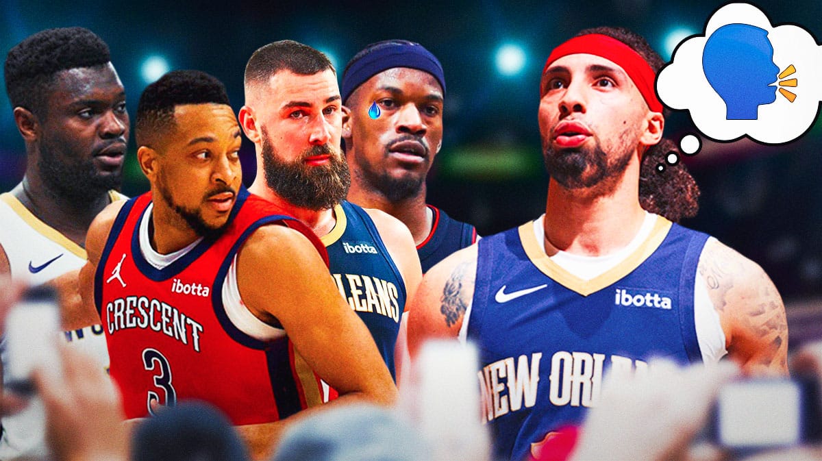 Pelicans' Jose Alvarado with a talking head emoji in a quote bubble with Zion Williamson, CJ McCollum, Jonas Valanciunas in background next to a crying Jimmy Butler