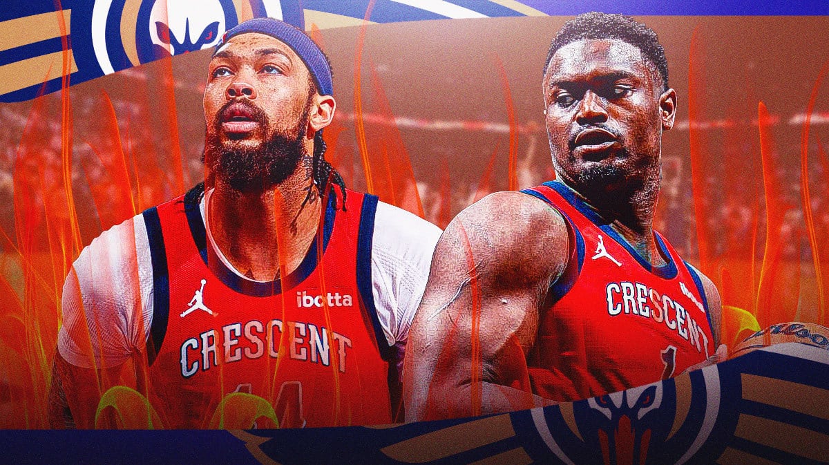 Zion Williamson and Brandon Ingram with fire aura