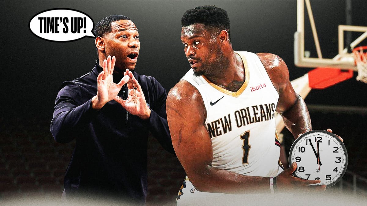 Zion Williamson holding a clock. Willie Green with speech balloon that says, ‘Time’s up!'