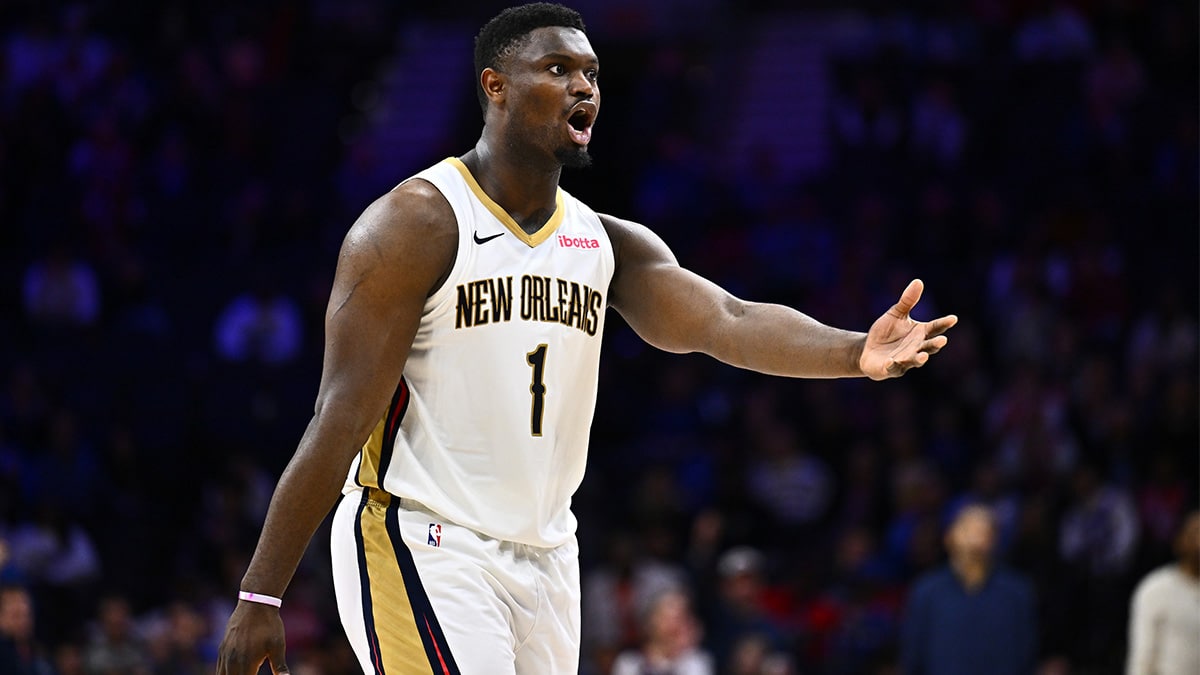 New Orleans Pelicans forward Zion Williamson (1) reacts against the Philadelphia 76ers in the fourth quarter at Wells Fargo Center. 