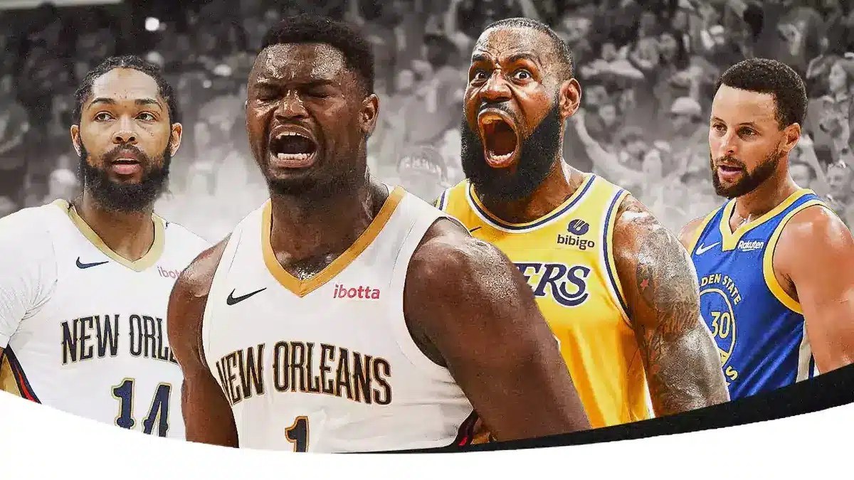 Pelicans Zion Williamson and Brandon Ingram next to LeBron James