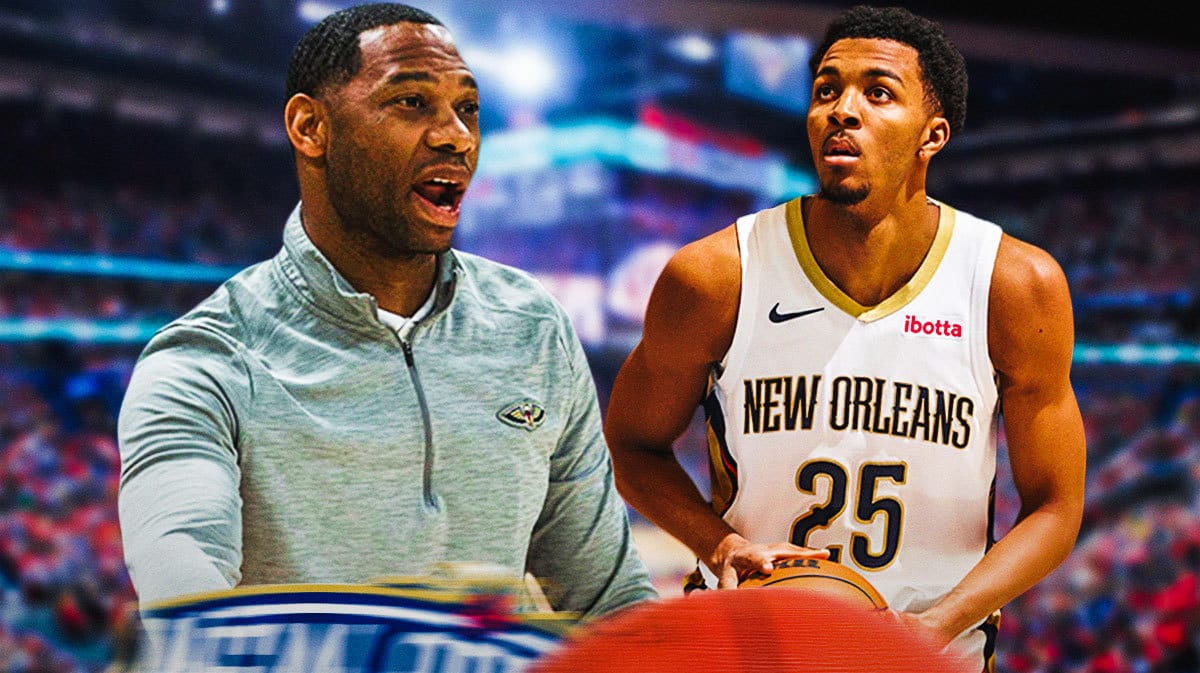 Pelicans Trey Murphy III shooting next to Willie Green smiling
