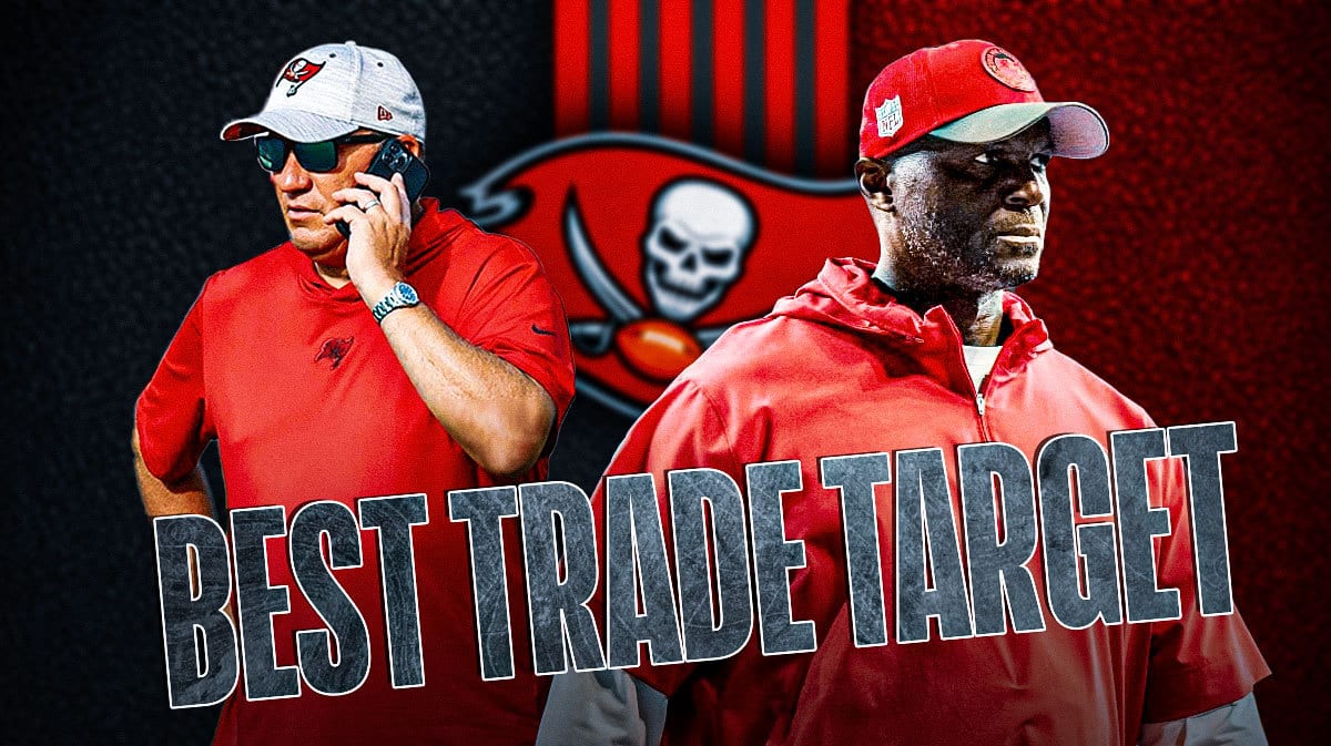 Mitch Morse in the middle, Coach Todd Bowles and GM Jason Licht around him, and Tampa Bay Buccaneers wallpaper in the background.