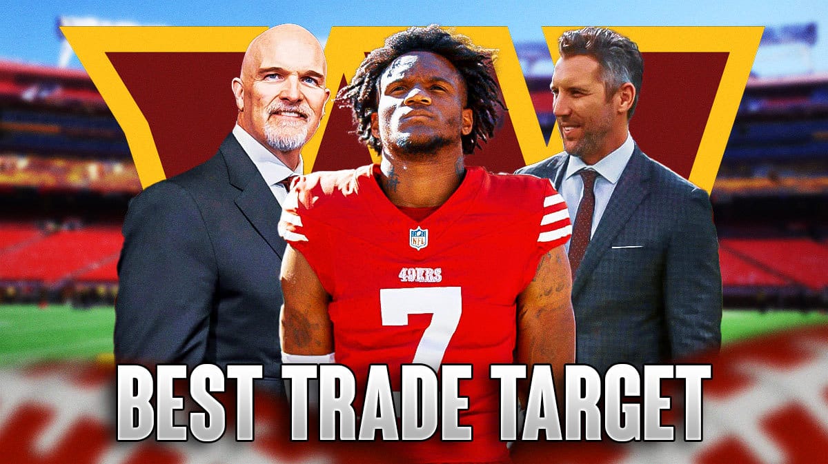 Charvarius Ward in the middle, Coach Dan Quinn and GM Adam Peters around him, and Washington Commanders wallpaper in the background.