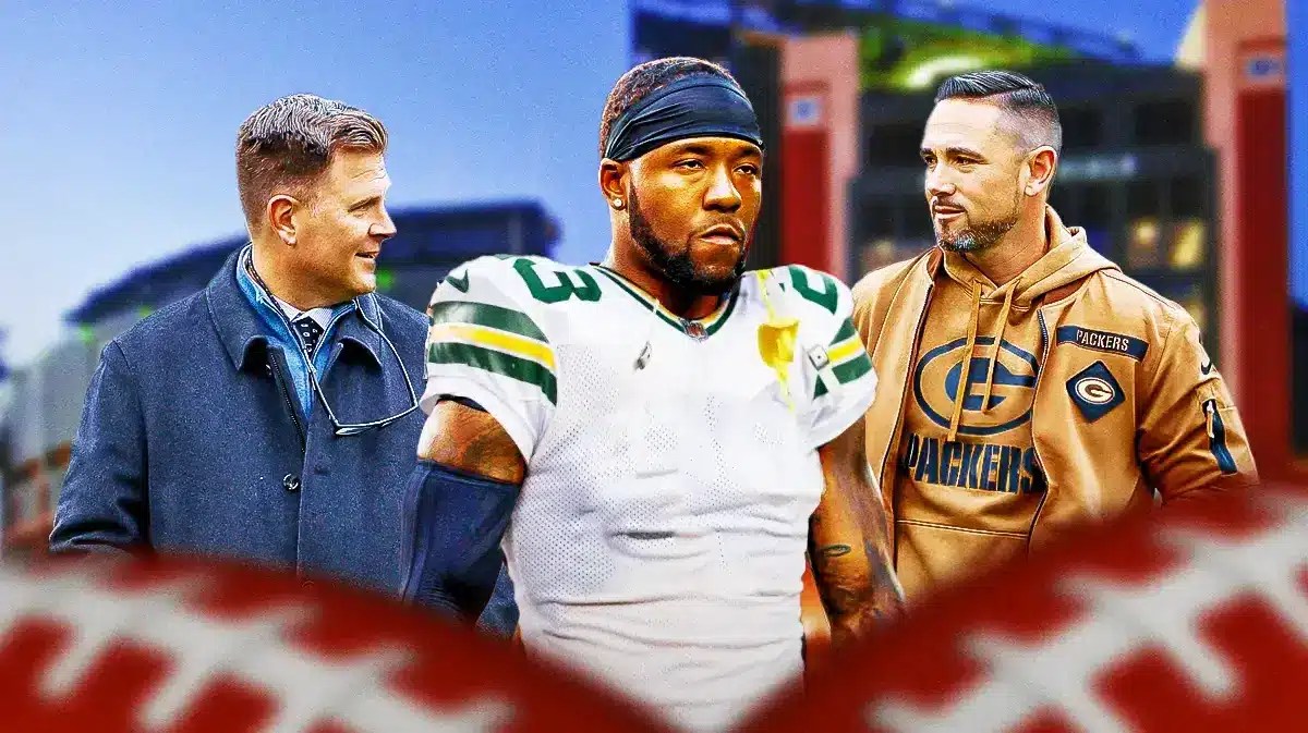 Photo: Budda Baker in a Packers jersey, Brian Gutekunst, Matt LaFleur beside him, Lambeau Field as background