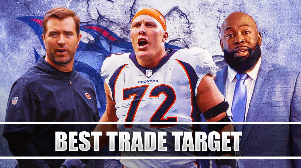Garett Bolles in the middle, Coach Brian Callahan and GM Ran Carthon around him, and Tennessee Titans wallpaper in the background.