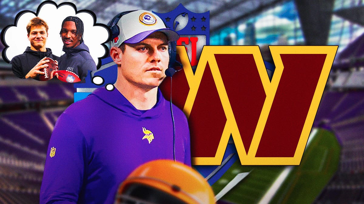 Viking coach Kevin O’Connell with a tought bubble with Drake Maye and Jayden Daniels in it next to a Washington Commanders logo and NFL draft background