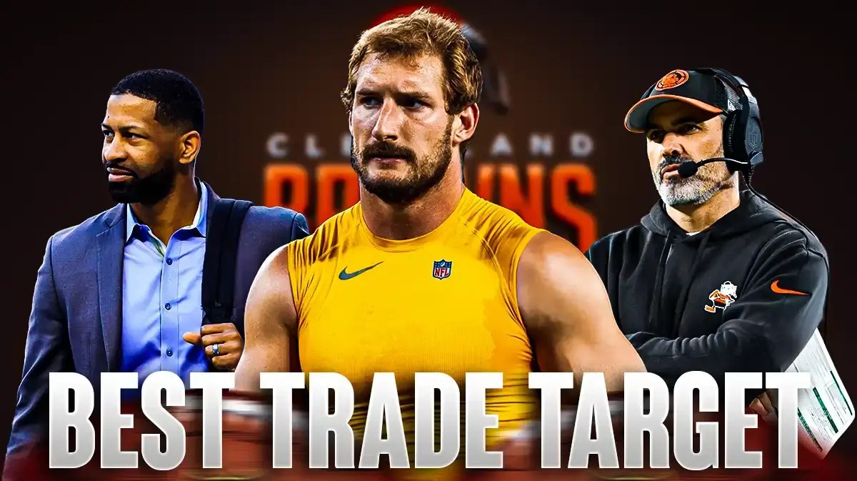 Joey Bosa in the middle, Coach Kevin Stefanski and GM Andrew Berry around him, and Cleveland Browns wallpaper in the background.