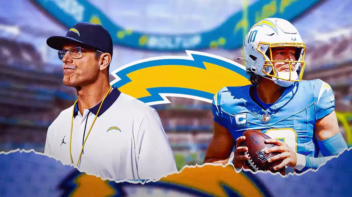 Jim Harbaugh and Justin Herbert next to a Chargers logo at SoFi Stadium