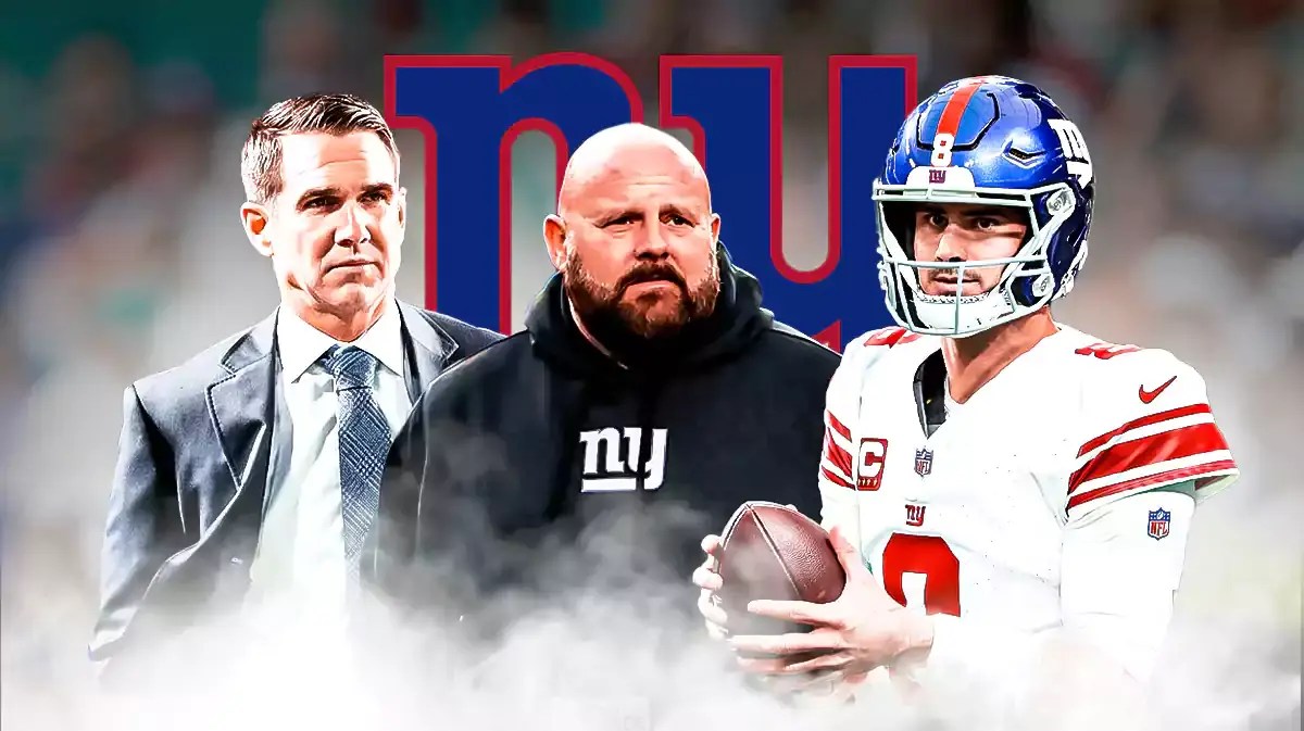 Joe Schoen, Brian Daboll, Daniel Jones. New York Giants logo