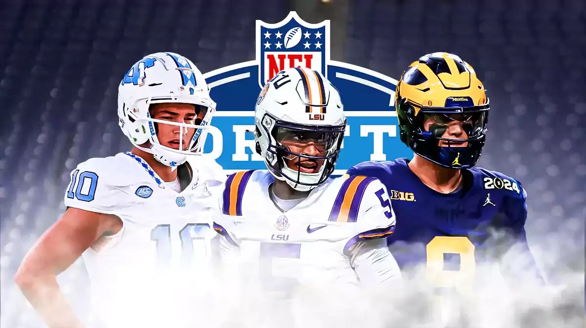 Drake Maye, Jayden Daniels, JJ McCarthy. NFL Draft logo