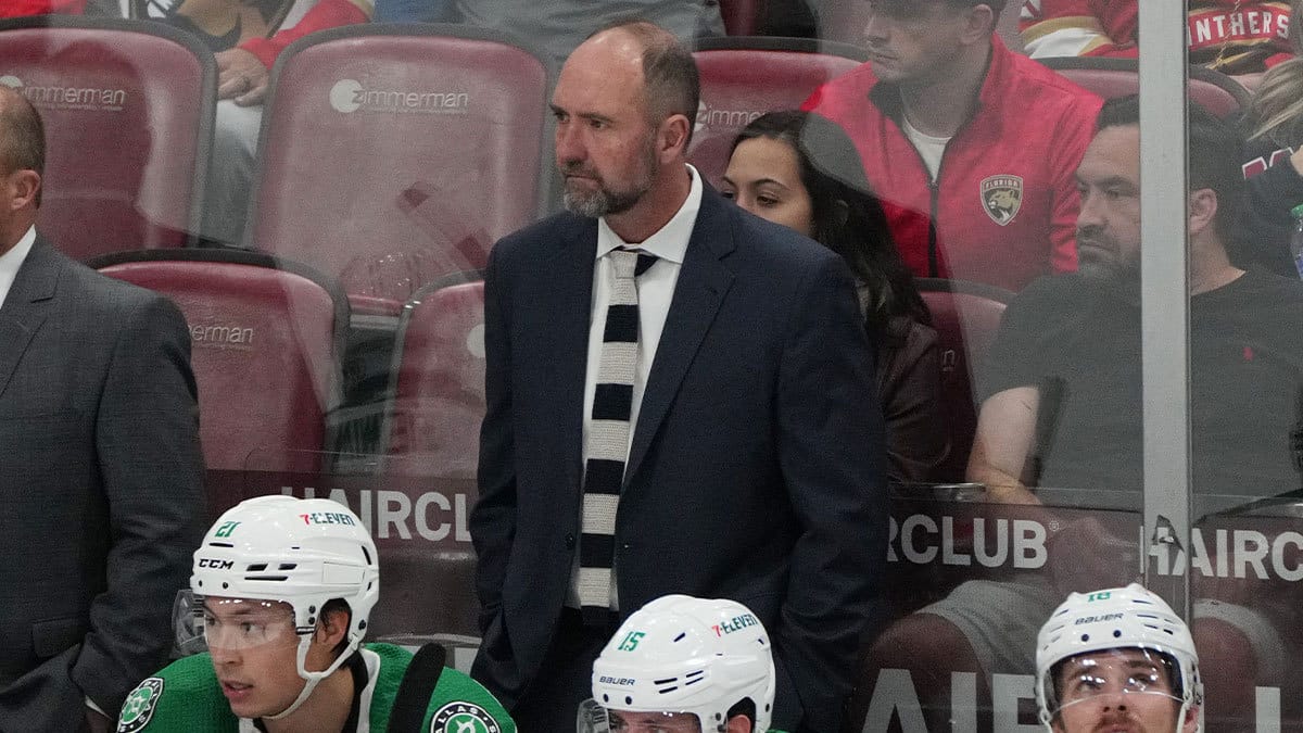 Dallas Stars head coach Pete DeBoer looks on against the Florida Panthers during the second period at Amerant Bank Arena.