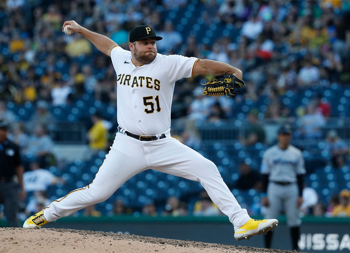  Pittsburgh Pirates relief pitcher David Bednar (51) pitches against the Miami Marlins during the ninth inning at PNC Park. Pittsburgh won 3-0.