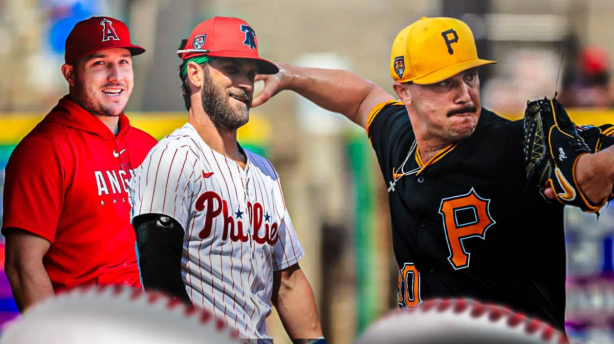 Paul Skenes pitching (Pirates) with Mike Trout and Bryce Harper smiling behind him