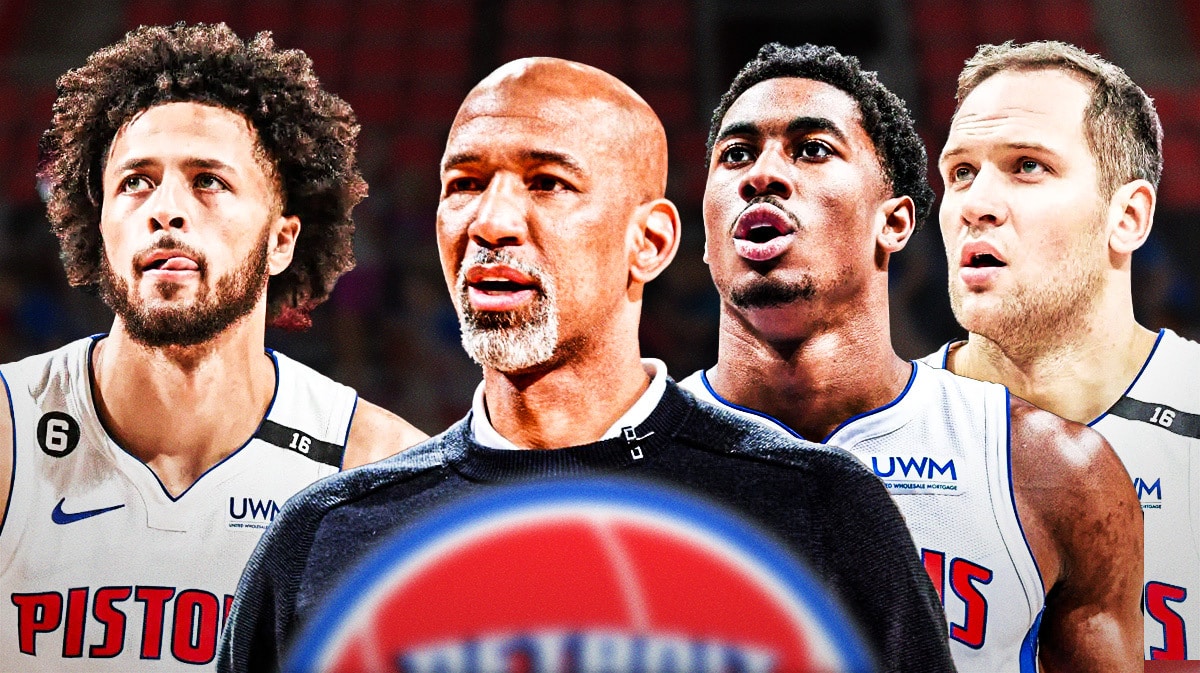Photo: Cade Cunningham, Bojan Bogdanovic, Jaden Ivey in Pistons jerseys looking serious, Monty Williams in front also looking serious